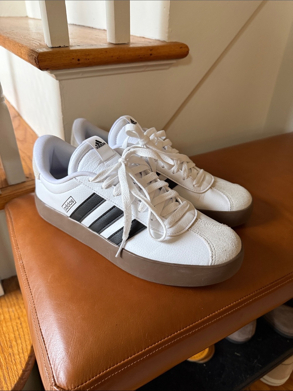 Women’s adidas White Sneakers with Black Stripes and Tan Gum Sole-Grand Court